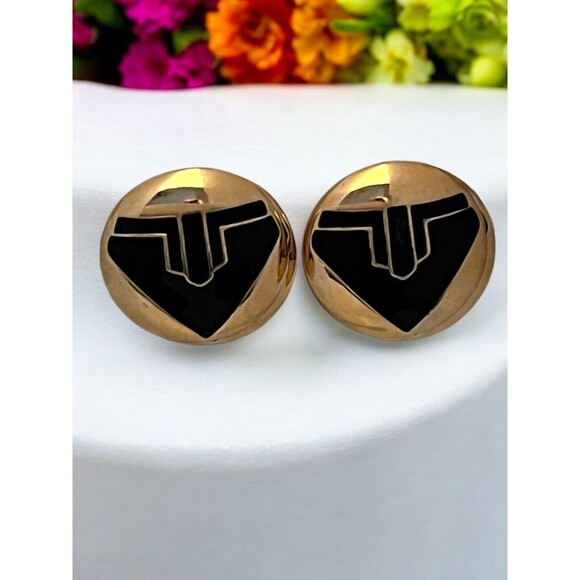 Vintage Earrings Gold Tone Black Enamel Geometric Design Clip On  5F - Picture 3 of 3